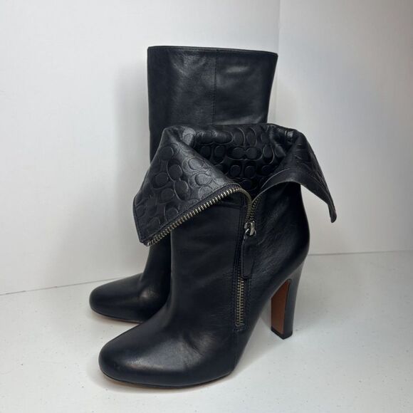 Coach Lux Black Leather Monogram Zip Heeled Ankle Booties Womens Boots Designer - Picture 1 of 11